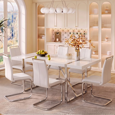 Ensemble de salle à manger 7 pièces rectangulaire moderne en bois ultrabrillant Glam avec chaises en porte-à-faux en similicuir
