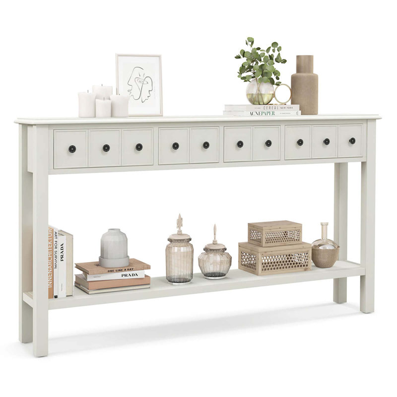 Lark Manor 60" Console Table Retro Entryway Sofa Table With 4 Drawers & Open Shelf Hallway White