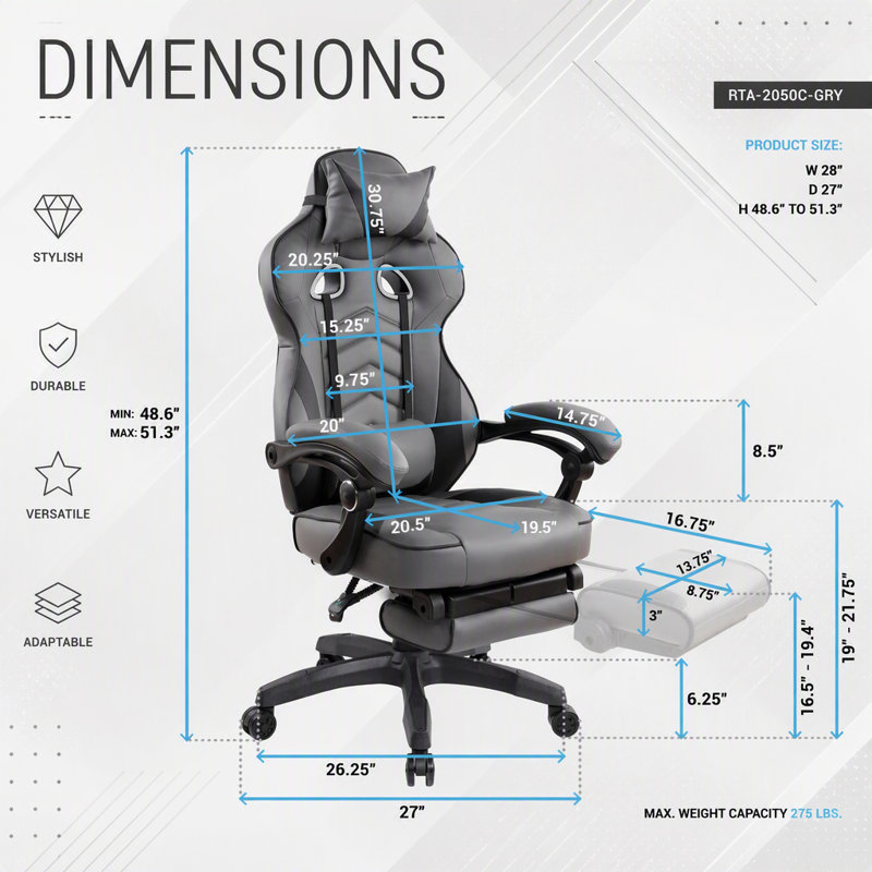 Fauteuil de bureau de direction inclinable de style course automobile avec repose-pieds, noir et gris, massage par vibrations et chauffage lombaire