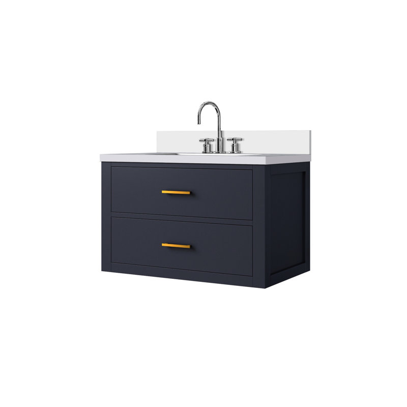 Meuble-lavabo simple bleu 30 po x 22 po, surface en quartz blanc avec robinet, cadre en bois à fermeture douce, Bleu