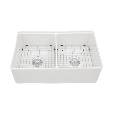33 Inch White Ceramic Farm Sink - , Resistance, Double Bowl Workstation For Kitchen & Stylish With Stain Resistance