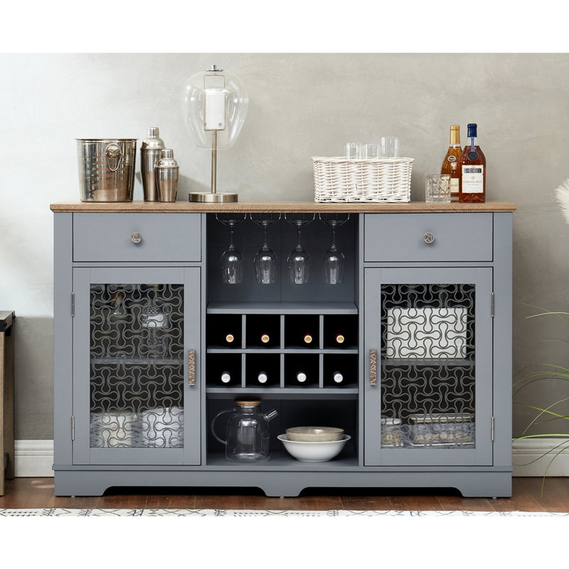 Élégante armoire à buffet, 2 tiroirs, porte-bouteilles en verre et à vin, armoires à portes attrayantes, pour la cuisine et la salle à manger, armoire buffet exquise en chêne bleu avec porte-étagère, salle à manger,