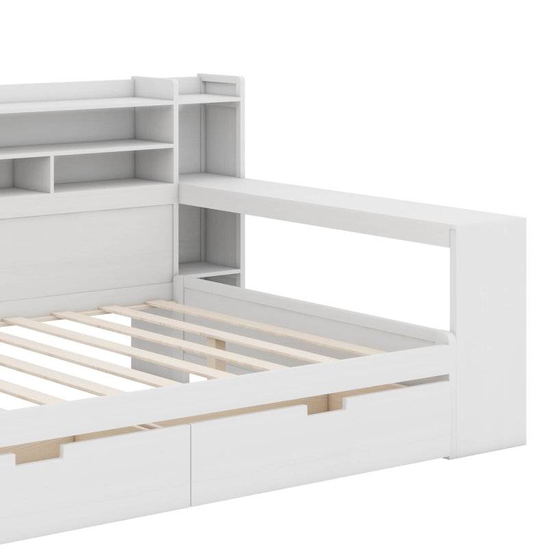 Lit de jour double avec tablettes de rangement, lit multifonctionnel avec deux tiroirs de rangement, Blanc antique