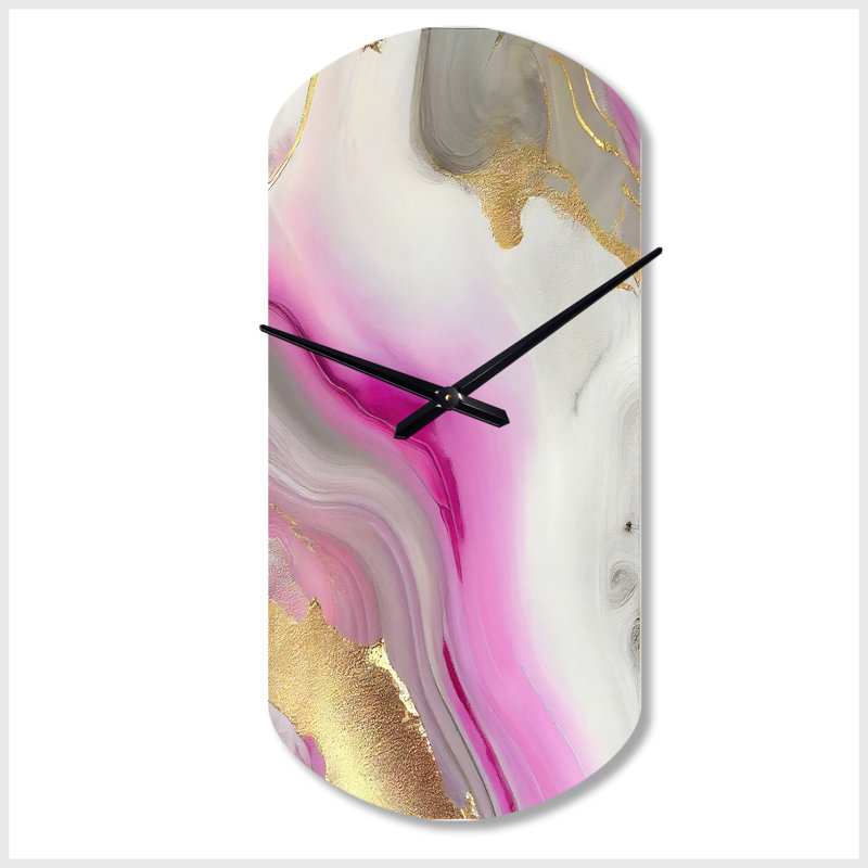 Rose et or marbre abstrait II - horloge murale cylindrique en métal, horloge murale asymétrique moderne, Petit
