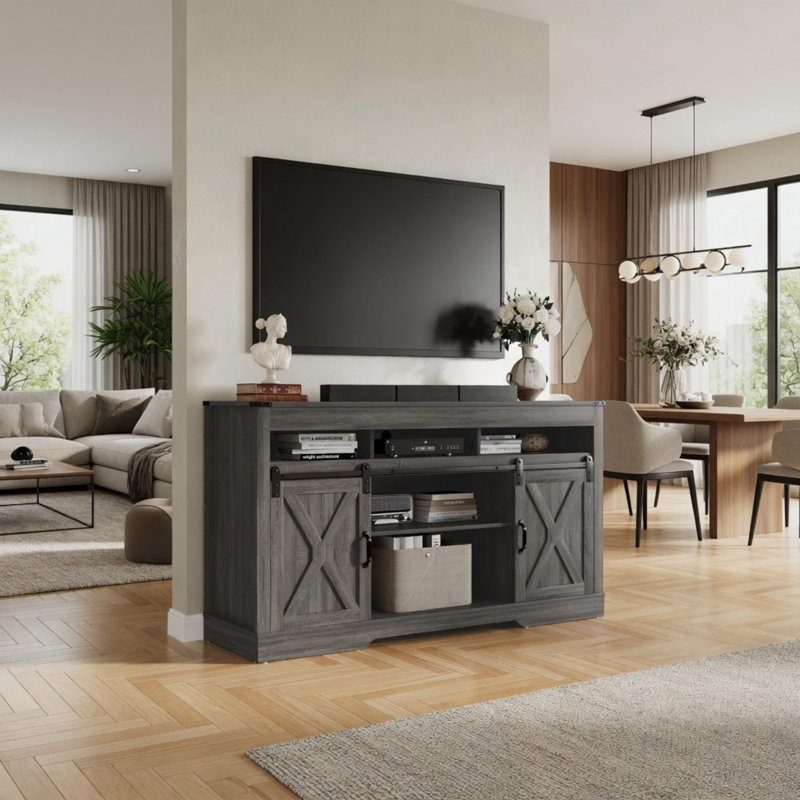 Meuble télé avec portes de grange coulissantes et rangement ouvert, Gris foncé