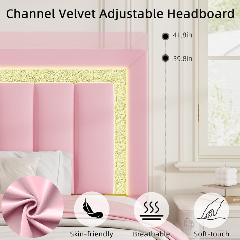 LED-lit and velvet-upholstered bed frame with a modern diamond headboard that is adjustable, Full, Pink