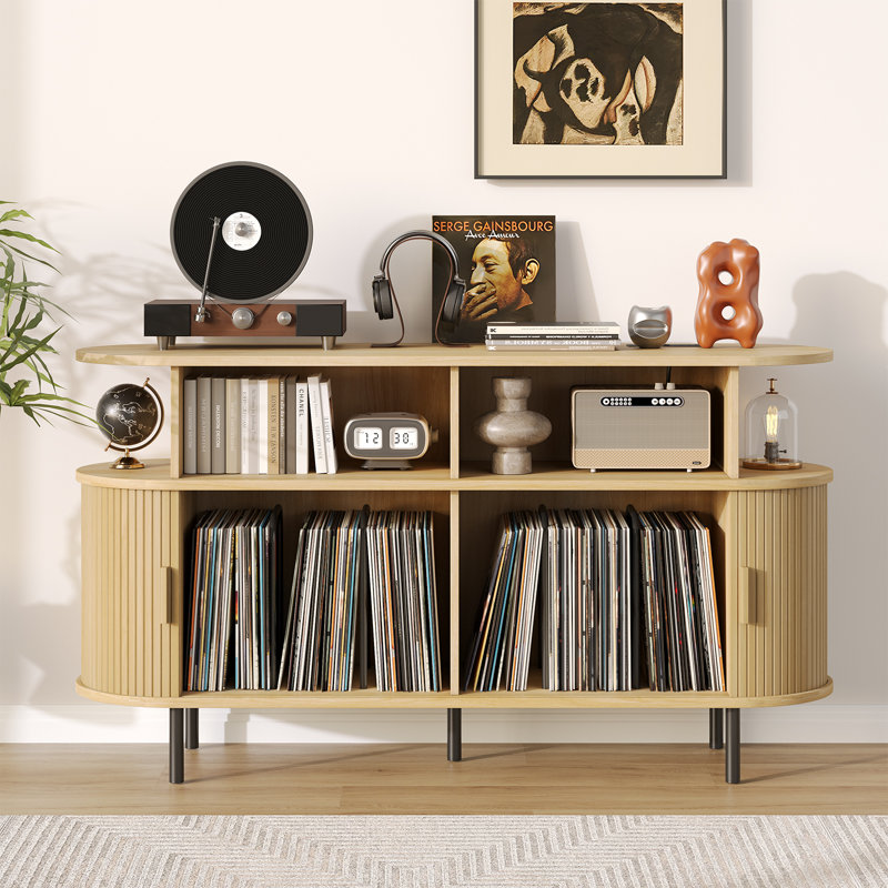 Mid-Century Turntable Stand With Sliding Doors - Large Vinyl Record Storage Cabinet For Living Room & Bedroom, Oak