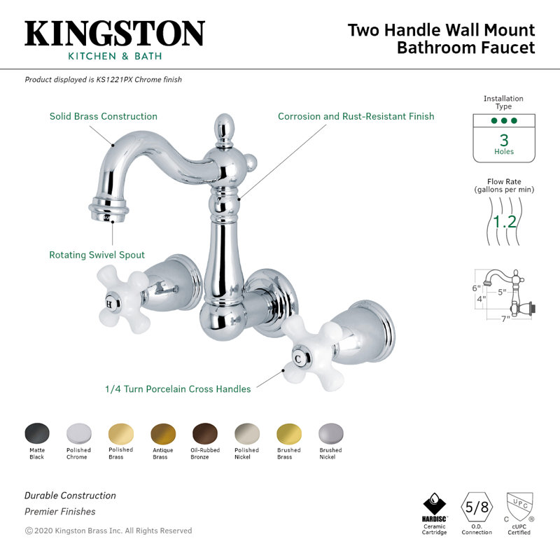 Kingston Brass Heritage Two-Handle 3-Hole Wall Mount Bathroom Faucet, Oil Rubbed Bronze