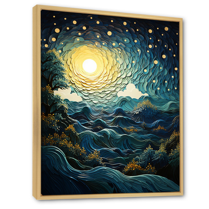 Wildhollow Teal Yellow Ocean Rhapsody II, reproduction d'art sur toile, Cadre naturel flottant, H 32 po x l 24 po x P 1 po