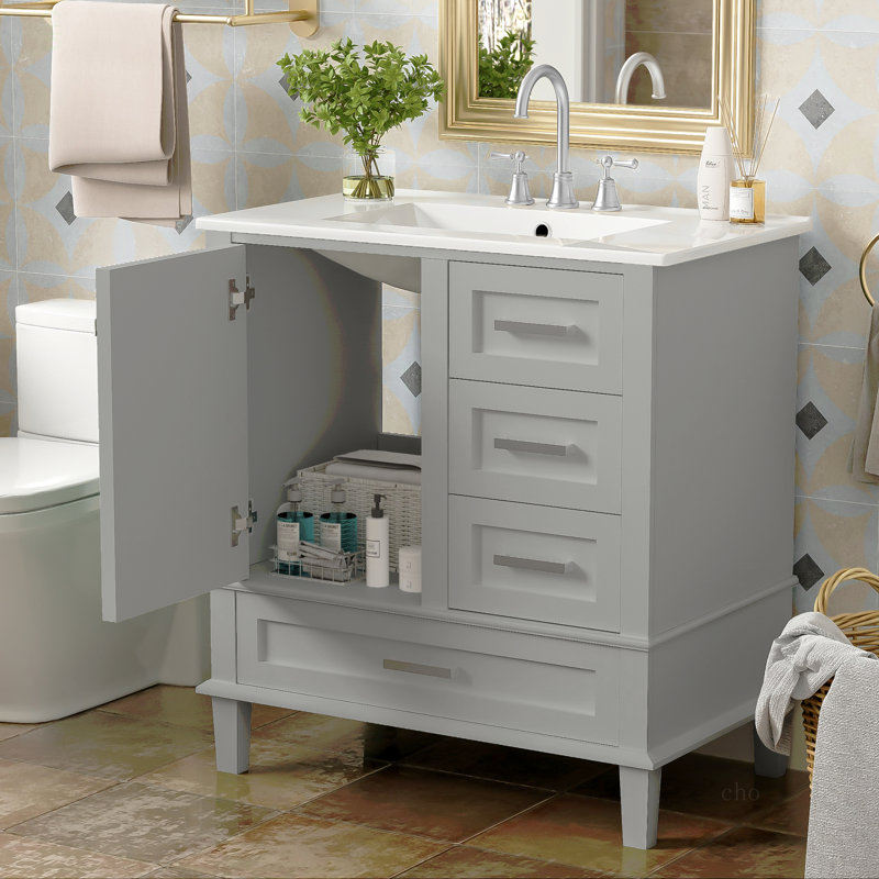 Ensemble de meuble-lavabo moderne avec lavabo 30 po, meuble-lavabo moderne avec porte à fermeture douce et 3 tiroirs, structure en bois massif