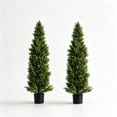 Paquet de 2 arbres topiaires en cèdre artificiel de 60 po, faux arbres en soie, arbustes de pin artificiels, plantes topiaires en pot réalistes pour porche, patio extérieur, jardin, balcon, décor de bureau intérieur