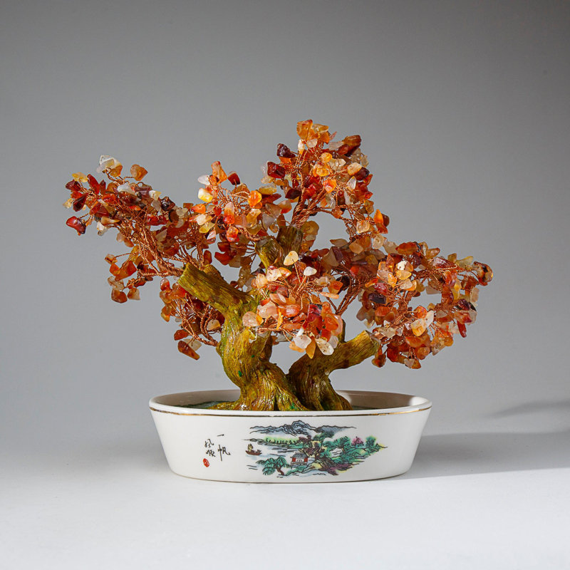 Genuine Carnelian Gemstone Bonsai Tree in Oval Ceramic Pot (8")