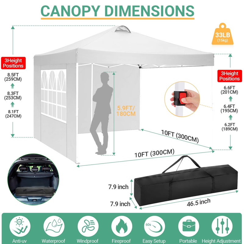 Tente escamotable avec 4 parois latérales l 118 po x P 118 po COBIZI, auvent extérieur imperméable avec évent UPF 50 +, Blanc