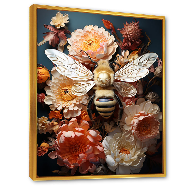 Art floral rétro avec guêpe harmonie II - insectes et insectes, Cadre flottant doré, H 32 po x l 16 po x P 1 po