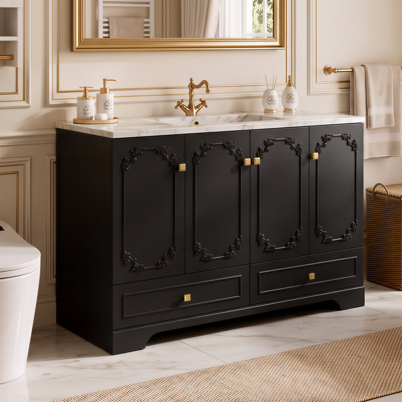 Meuble-lavabo sculpté de style français, offrant un grand espace de rangement grâce à ses 4 portes à fermeture en douceur et ses 2 tiroirs.