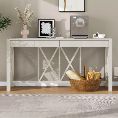 Console de 60 po avec 4 tiroirs, table d'entrée avec placage en acacia et base en X, canapé de rangement à fond ouvert