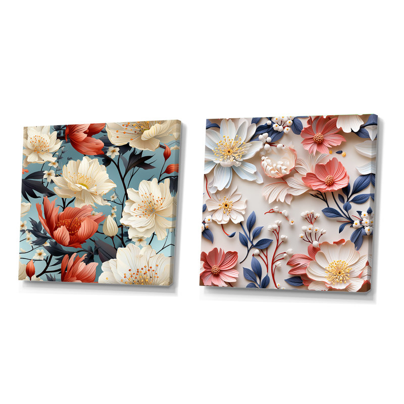 Glaude - Ensemble de 2 collages floraux carrés, Toile tendue, H 36 po x l 73 po