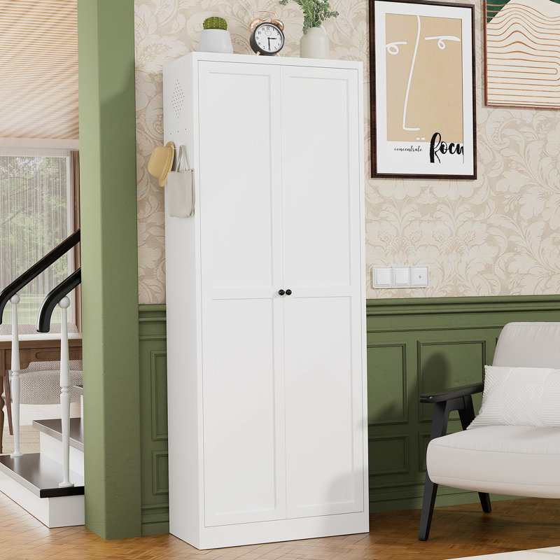 Armoire de cuisine 72 po en métal blanc avec portes, organisateur de rangement autoportant robuste avec 5 tablettes réglables, assemblage sans outil pour le garde-manger, cuisine, salle de bain