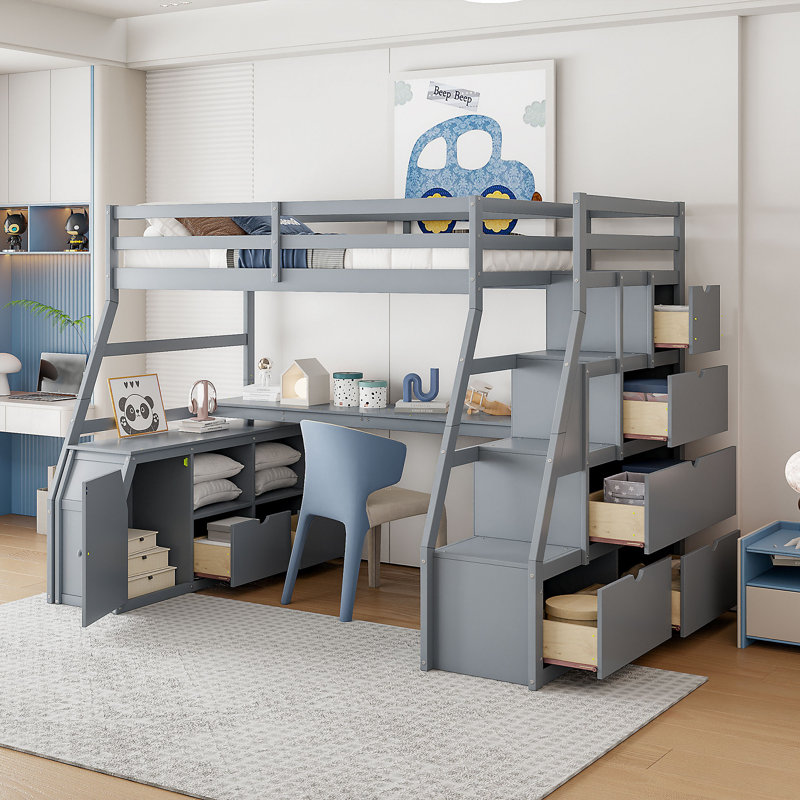 Full Size Loft Bed with 7 Storage Drawers, 2 Shelves, and Built-in Desk – Space-Saving Full Loft Bed for Bedroom, Gray