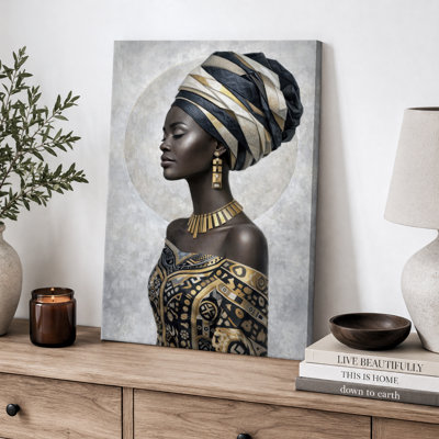 African Queen Headwrap Portrait Artwork, Living Room Pictures, Framed Canvas Giclee Print Wall Art