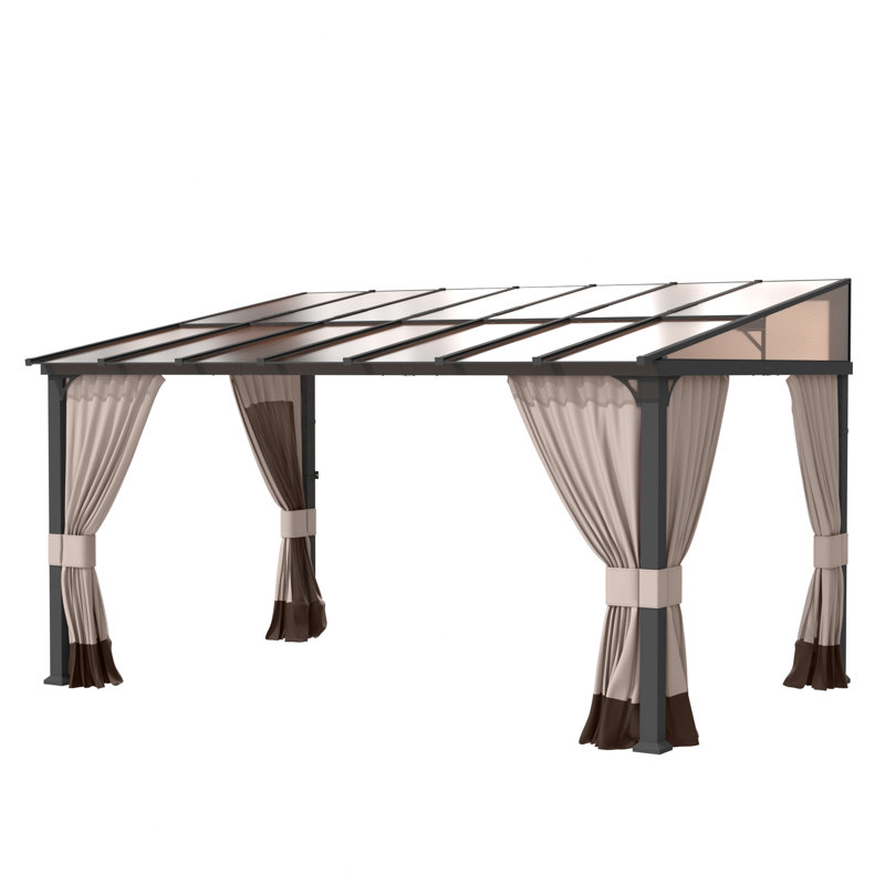 Modern Outdoor Slant-Top Hardtop Gazebo With Black Metal Frame And Curtains, 101.4" H x 170.1" W x 115.7" D