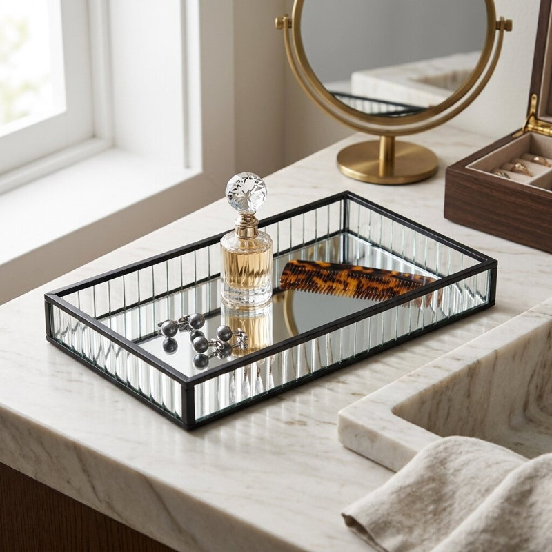 Plateau rectangulaire en verre cannelé Veldra, H 1,25 po x l 9,5 po x P 5,5 po, Noir, noir, noir, noir