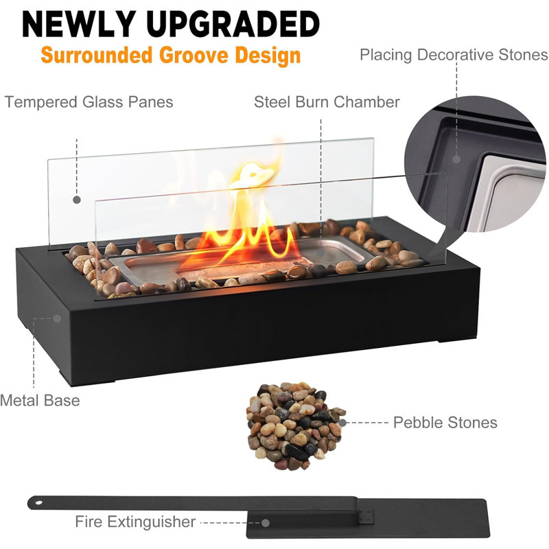 Black Glass and Metal Tabletop Fire Pit with Cobblestone