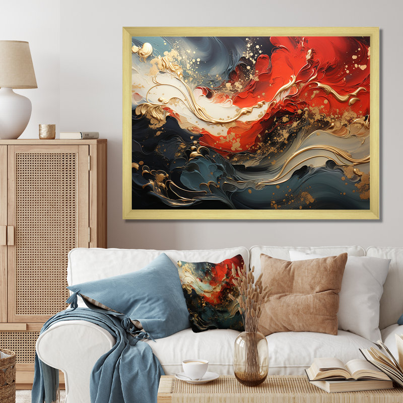 Rouge et or feu de marbre VI - art mural abstrait, Cadre d'angle fermé doré, H 12 po x l 20 po x P 1 po