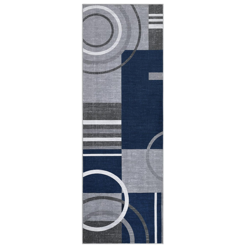 Geometric Machine Printed Area Rug, Blue, Runner 60 x 230 cm