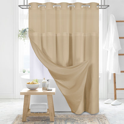 Waffle Instant Install Hook Shower Curtain with Snap-in Liner and Mesh Top Window, Modern Simple Elegant Fabric Shower Curtain Set for Bathroom
