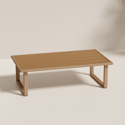 Outdoor Wicker Coffee Table with Wood-Look Top, Rectangular Patio Table for Deck, Porch and Backyard