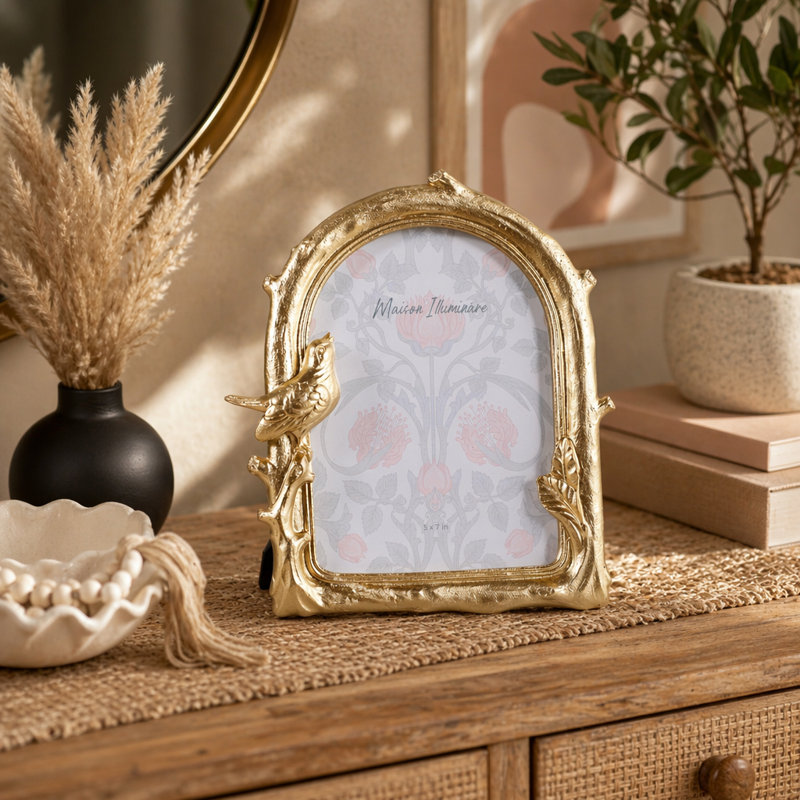 Cadre photo moderne en résine avec motif d'oiseau et d'arche, idéal pour un coin lecture ou une table d'appoint - 20 cm, doré