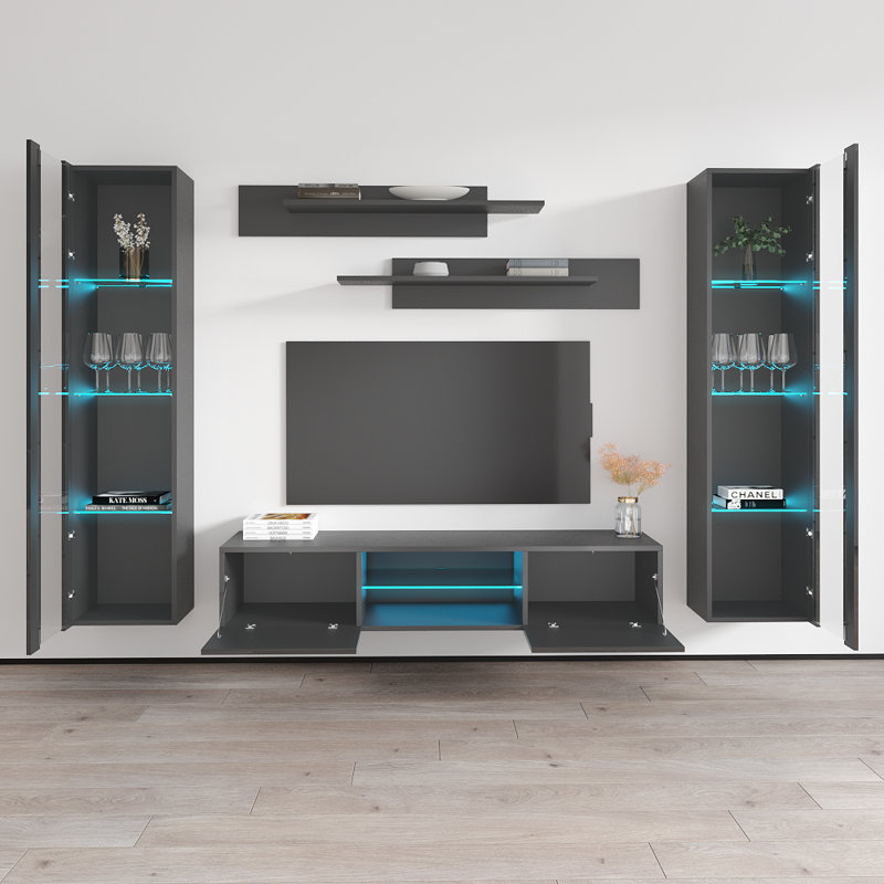 Floating 100" Modern Entertainment Center with 16-Color LED Lighting, High Gloss Finish, Gray