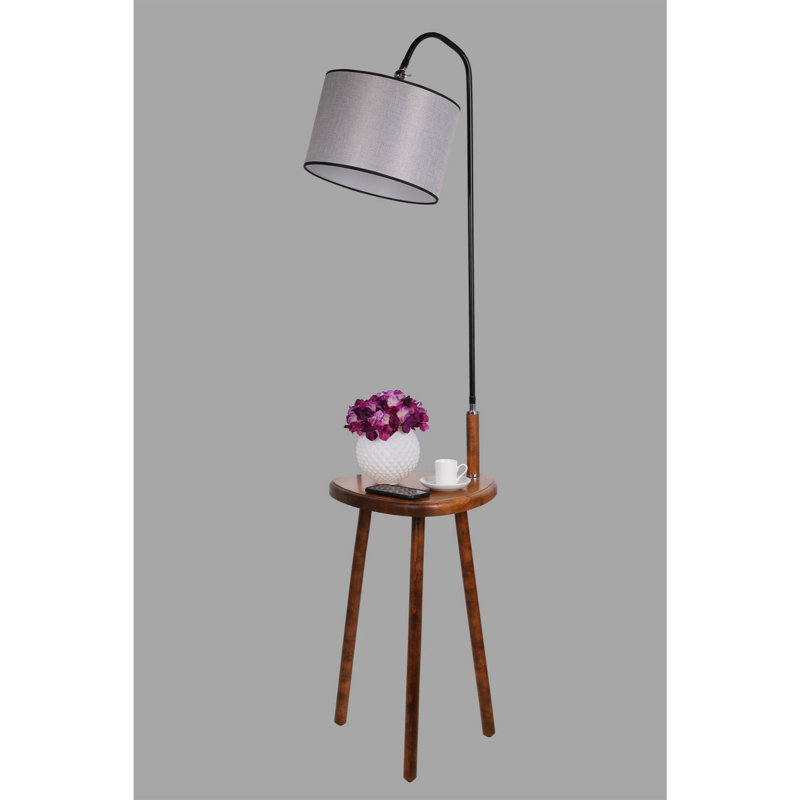 Luro Stylish Floor Lamp with Wooden Table & Metal Body, Walnut & Grey Finish, 63.0 inches Tall | Table Dimensions: 14.6 x 14.6 inches | E27 Socket, Max 60W | On/Off Switch on Cable | Modern Design for Living Room & Bedroom