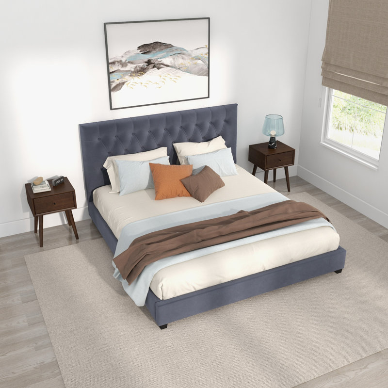 Lit plateforme tapissier Genka, Gris, Queen