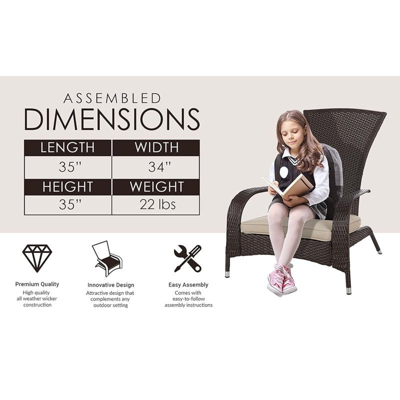 Duplex Patio Sense Coconino Wicker Conversation Set, Durable Adirondack Style Chairs Includes Khaki Cushions - Mocha
