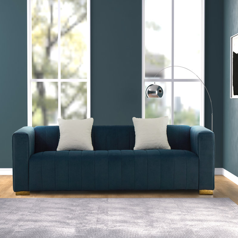 Clifford 87'' Luxury Velvet Sofa with 2 Pillows, Modern Channel-Tufted Couch with High-Density Foam Cushion for Living Room, Blue