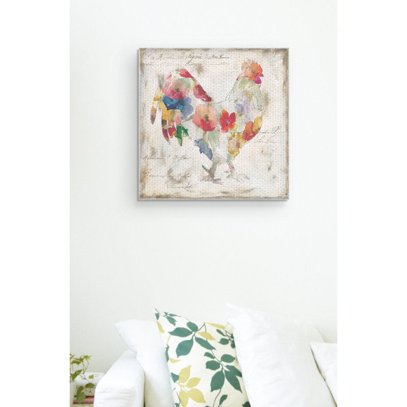 « floraled coq », reproduction de peinture à l’aquarelle sur toile tendue, H 20 po x l 20 po x P 2 po