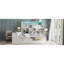 Lit de jour double en bois avec trois tiroirs, bureau, tablettes et lumières, blanc-1656445440