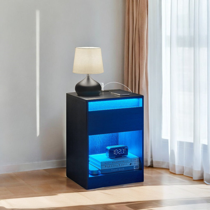 Side End Table With Adjustable Led Lights, Black