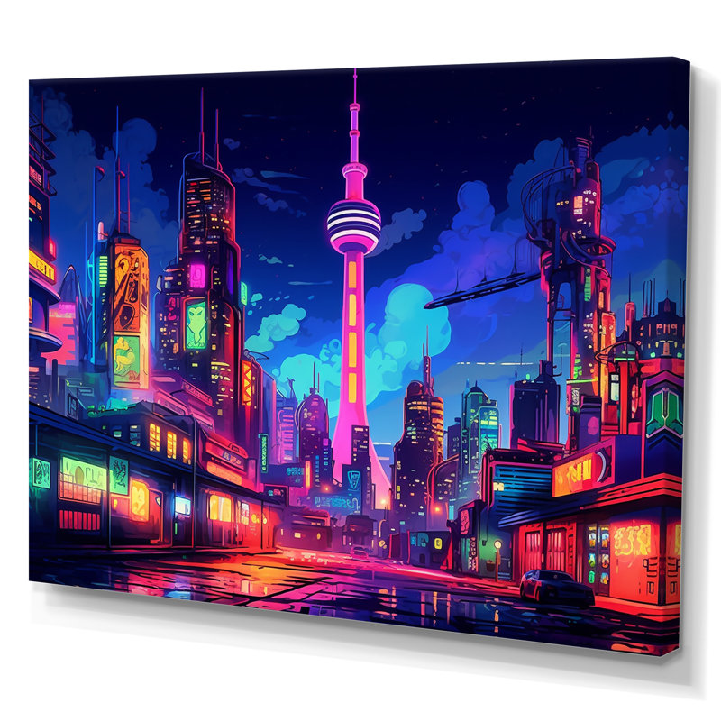 Berlin Neon Cityscape II - art mural de Berlin pour le salon, H 16 po x l 32 po x P 1 po, Toile tendue