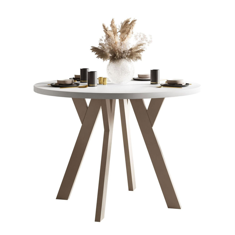 Extendable Round Metal Base Dining Table, White, Cashmere