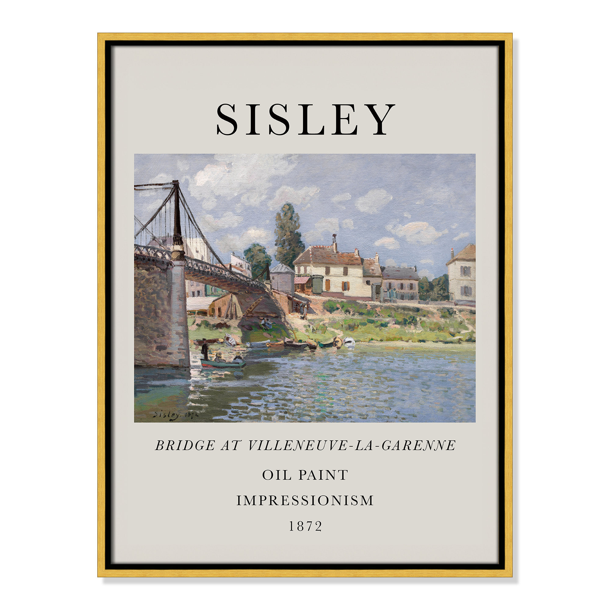 Old Masters Collection " The Bridge At Villeneuve " by Alfred Sisley, Gold Floater Frame, No, 25.5" H x 19.5" W x 2" D