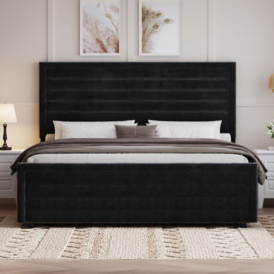 Bed Frame, Upholstered Platform Bed with Velvet Headboard and Footboard, Mattress Foundation with Wooden Slats