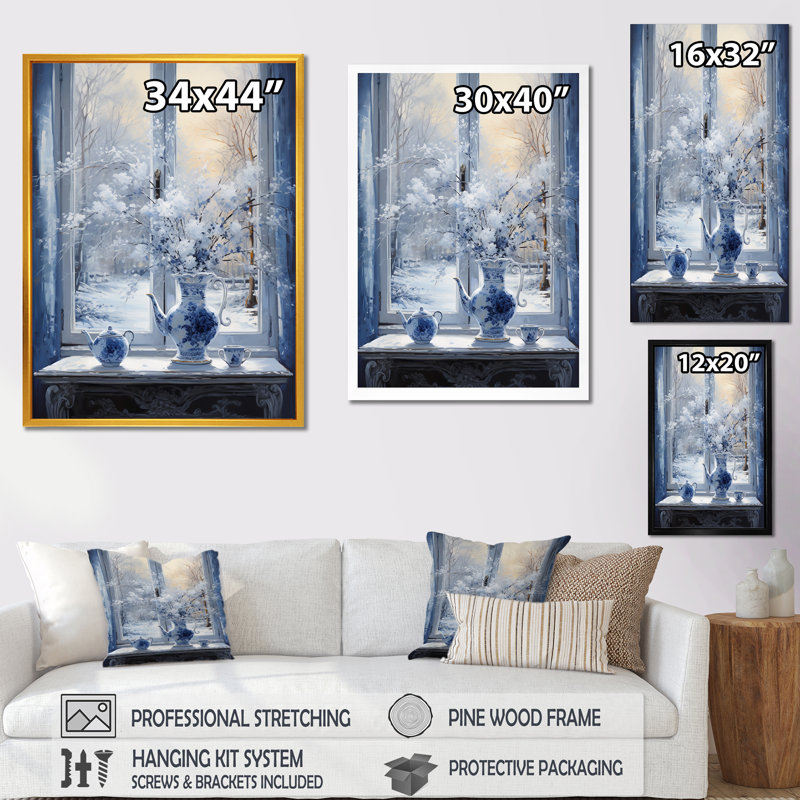 «White and Blue Winter Window Still Life II», art mural paysage d'hiver, Cadre simple argenté, H 44 po x l 34 po x P 1,5 po