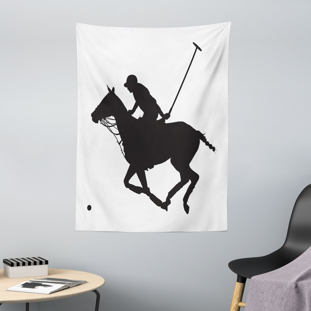 Wandteppich, Polo-Spieler-Pferdesilhouette, Sport, Charcoal Grau und Weiß