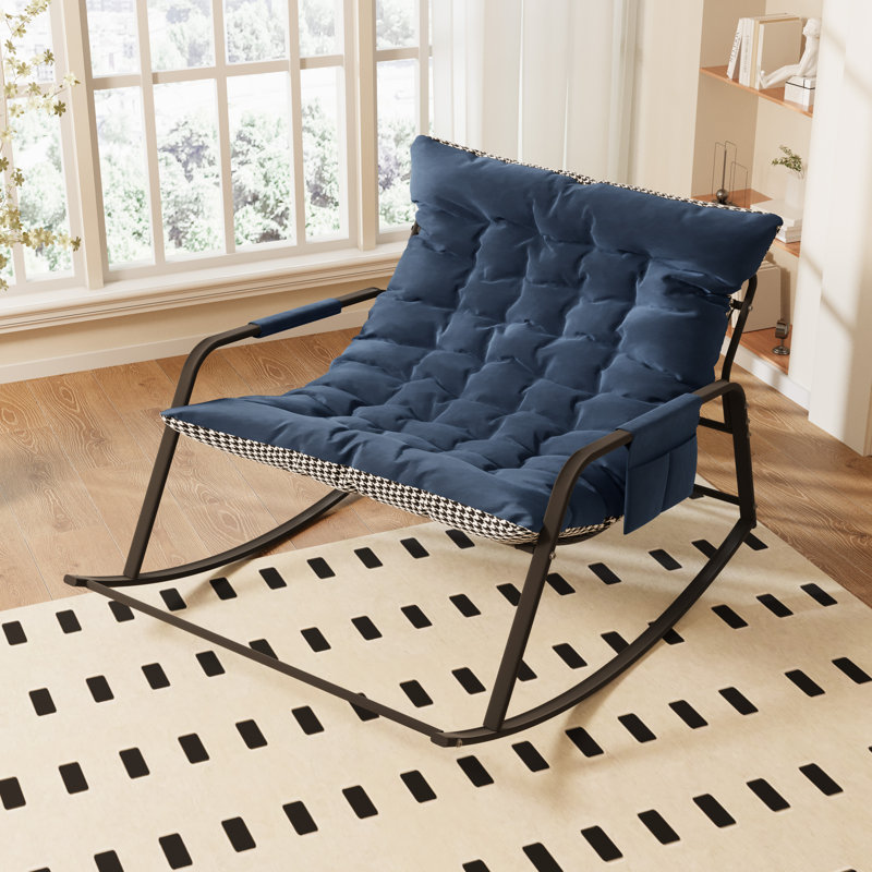 Wide Metal Rocking Chair With Removable Cushion, Blue
