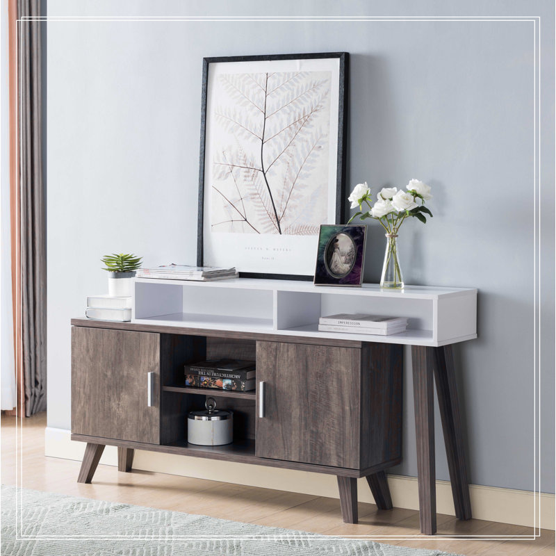 Home Entryway Console Table with Multi- Storage Compartments, Display Cabinet, Hazelnut and White