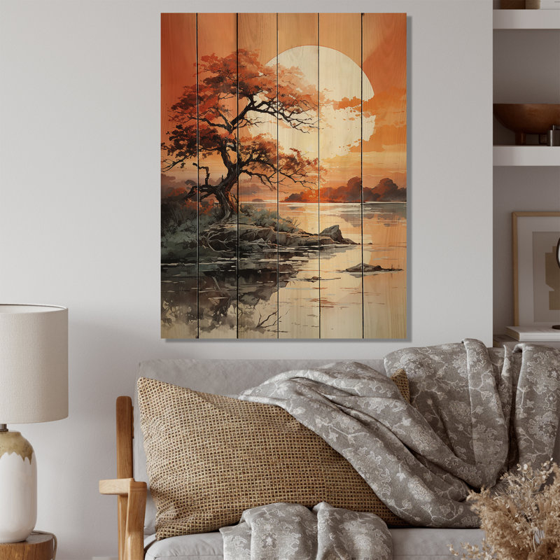 «Orange Tree Moon Silhouette Landscape I» sur impression sur bois, H 32 po x l 24 po x P 0,78 po