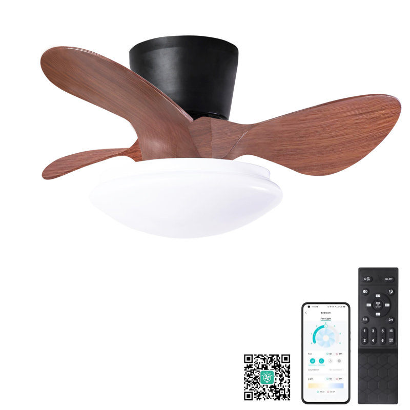 Petit ventilateur de plafond 24 po en noyer avec lumières et télécommande DEL 18W Moderne Ventilateur de plafond encastré couleur réglable, ventilateur de plafond à profil bas DC